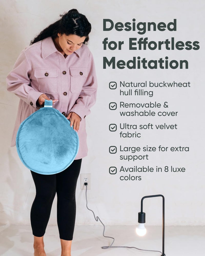Mindful Modern وسادة تأمل مخملية عصرية وواعية | وسادة زافو فاخرة لليوغا | دعم الوضعية | مملوءة بقشور الحنطة السوداء | وسادة دائرية كبيرة بغطاء قابل للإزالة والغسل + مقبض حمل | لون تركوازي - Image 4
